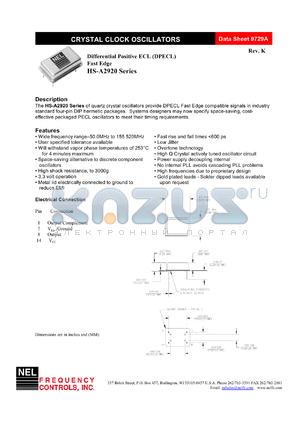 SM292B datasheet - 5 V, +/-50 ppm, differential positive ECL crystal clock oscillator