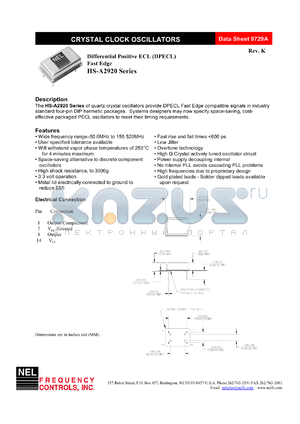 HSA2927 datasheet - 3.3 V, +/-25 ppm, differential positive ECL crystal clock oscillator