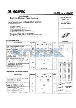 H16C30C datasheet - Dual high efficiency power rectifiers, 300V, 16 Amperes, 75ns