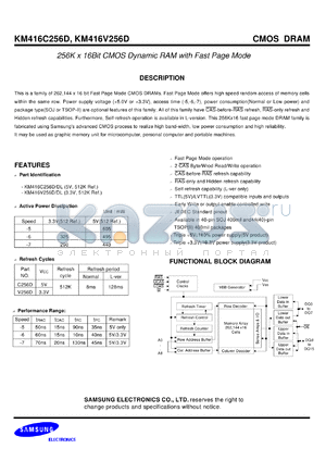 KM416V256DT-6 datasheet - 256K x 16Bit CMOS dynamic RAM with fast page mode, 60ns, 3.3V