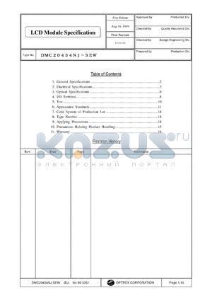 DMC20434NJ-SEW datasheet - 20characters x 2lines; 5x8dots (1character); 0.3-7.0V; 1.0mA LCD module