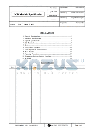 DMC20434U datasheet - 20characters x 2lines; 5x8dots (1character); 0.3-7.0V; 1.0mA LCD module