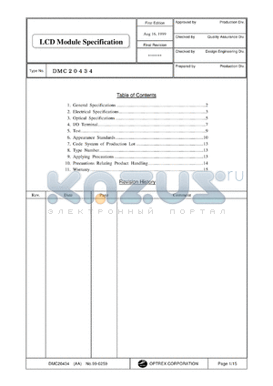 DMC20434 datasheet - 20characters x 2lines; 5x8dots (1character); 0.3-7.0V; 1.0mA LCD module