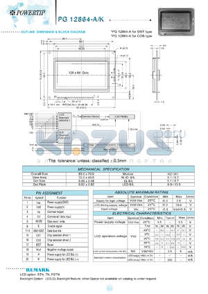 PG12864-A/K datasheet - 128x64 dots; dot size:0.48 x 0.48mm; dot pitch:0.52 x 0.52mm; LCD monitor