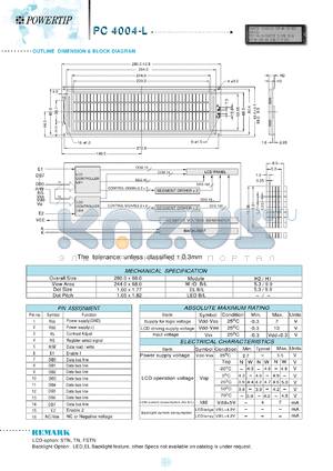 PC4004-L datasheet - 4 lines; 40 characters; dot size:1.0 x 1.77; dot pitch:1.05 x 1.82; LCD monitor