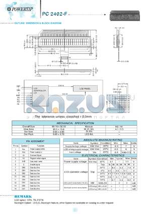 PC2402-F datasheet - 2 lines; 24 characters; dot size:0.60 x 0.65; dot pitch:0.65 x 0.70; LCD monitor