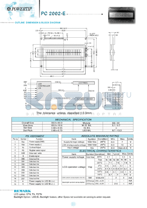 PC2002-E datasheet - 2 lines; 20 characters; dot size:0.60 x 0.65; dot pitch:0.65 x 0.70; LCD monitor