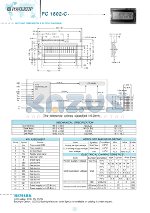 PC1602-C datasheet - 2 lines; 16 characters; dot size:0.56 x 0.66; dot pitch:0.60 x 0.70;  LCD monitor