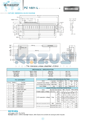 PC1601-L datasheet - 1 lines; 16 characters; dot size:0.92 x 1.10; dot pitch:0.98 x 1.16;  LCD monitor