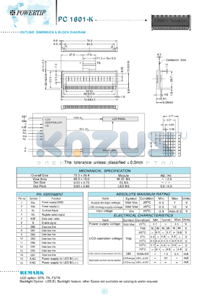 PC1601-G datasheet - 1 lines; 16 characters; dot size:0.55 x 0.77; dot pitch:0.63 x 0.83;  LCD monitor