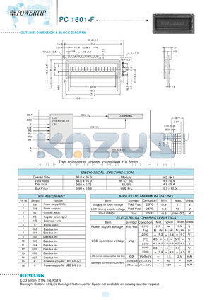 PC1601-F datasheet - 1 lines; 16 characters; dot size:0.55 x 0.75; dot pitch:0.63 x 0.83;  LCD monitor