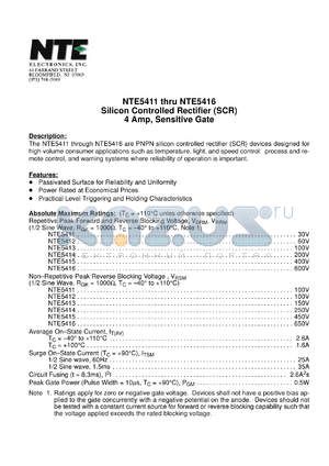 NTE5412 datasheet - Silicon controlled rectifier (SCR). 4 Amp, sensitive gate. Repetitive peak voltage and reverse blocking voltage (Vdrm, Vrrm) 60V.