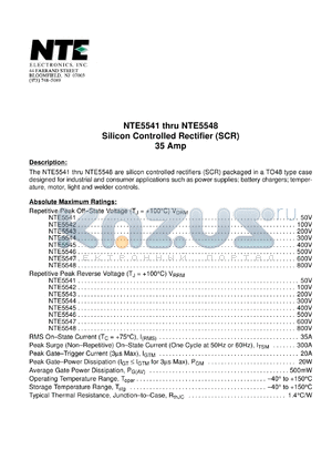 NTE5545 datasheet - Silicon controlled rectifier (SCR). Repetitive peak off-state & reverse voltage Vdrm,Vrrm = 400V. RMS on-state current 35A.