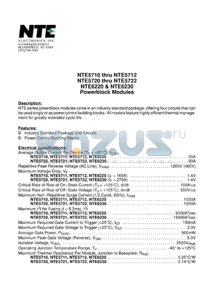 NTE5721 datasheet - Powerblock module. Average output current It(av) = 90A. Max repetitive peak reverse voltage (AC line) Vrrm = 1200V(480V).