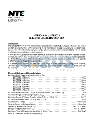 NTE6054 datasheet - Industrial silicon recfifier. Cathode to case. Max peak reverse voltage 200V. Max forward current 70A.