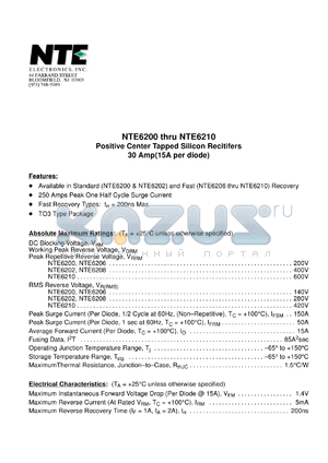 NTE6202 datasheet - Positive center tapped silicon rectifier, standard recovery. Peak repetitive reverse voltage 400V. Average forward current(per diode) 15A.