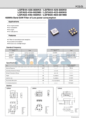 LSFA02-426-400K0 datasheet - 426.08125 MHz, babd SAW filter of low power consumption