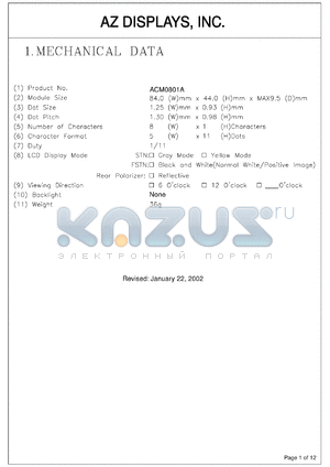 ACM0801A-RYBD-T datasheet - 0.3-6.5V; 5x11dots; 8characters; dot size:1.25x0.93mm; AZ display