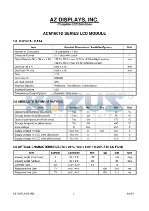 ACM1601D-RLFS-T datasheet - 0.0-6.5V; 5x7dots with cursor; 16characters x 1lines; dot size:0.92x1.10mm; AZ display