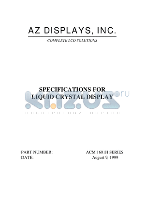 ACM1601H-RLBS-T datasheet - 2.7-5.5V; 16characters x 1lines; dot size:0.92x1.10mm; liquid crystal display
