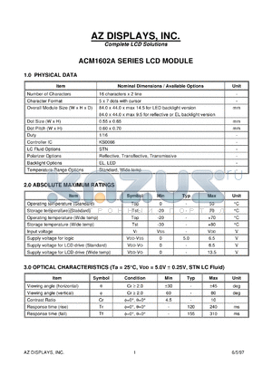 ACM1602A-RLYS-T datasheet - 0.0-6.5V; 5x7dots with cursor; 16characters x 2lines; dot size:0.55x0.65mm; AZ display