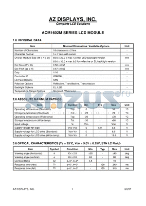 ACM1602M-NLFS-T datasheet - 0.0-6.5V; 5x7dots with cursor; 16characters x 2lines; dot size:0.50x0.55mm; AZ display