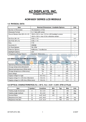 ACM1602V-RLYD-T datasheet - 0.0-6.5V; 5x7dots with cursor; 16characters x 2lines; dot size:0.92x1.10mm; AZ display