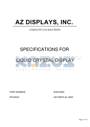 ACM1602Z-RBTH-T datasheet - 0.3-5.5V; 16characters x 2lines; dot size:0.55x0.60mm; dot pitch:0.60x0.65mm; AZ display