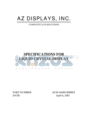 ACM1604D-FLTD-T datasheet - 2.7-5.5V; 16characters x 4lines; dot size:0.55x0.55mm; dot pitch:0.60x0.60mm; liquid crystal display