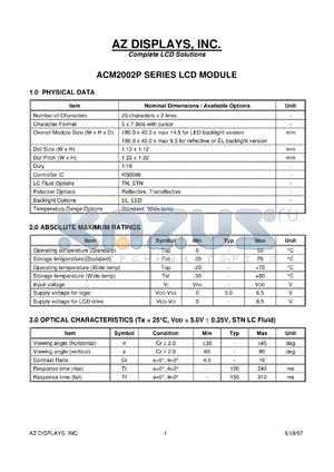 ACM2002P-RLGW-T datasheet - 0.0-6.5V; 5x7dots with cursor; 20characters x 2lines; dot size:1.12x1.12mm; dot pitch:1.22x1.22mm; AZ display