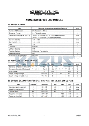 ACM2402D-RLGS-T datasheet - 0.0-6.5V; 24characters x 2lines; dot size:1.00x1.00mm; dot pitch:1.10x1.10mm; AZ display