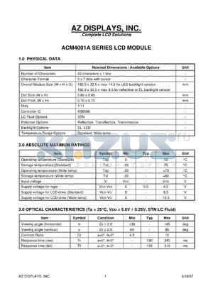 ACM4001A-RLYS-T datasheet - 0.0-6.5V; 5x7dots with cursor; 40characters x 1lines; dot size:0.60x0.65mm; dot pitch:0.70x0.75mm; AZ display