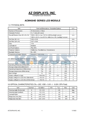 ACM4004D-RLBD-T datasheet - 0.0-6.5V; 5x7dots with cursor; 40characters x 4lines; dot size:0.50x0.55mm; dot pitch:0.57x0.62mm; AZ display