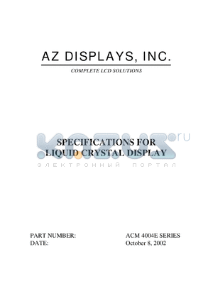 ACM4004E-NLYS-T datasheet - 2.7-5.5V; 40characters x 4lines; dot size:0.50x0.55mm; character pitch:2.78x4.89mm; liquid crystal display