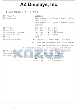 ACM4004C-RLBTW-T datasheet - 0.3-7.0V; 5x8dots; 40characters x 4lines; dot size:0.50x0.55mm; dot pitch:0.57x0.62mm; AZ display