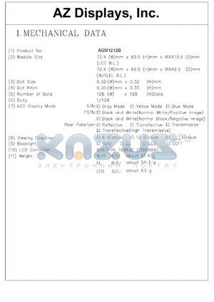 AGM1212B-REFBW-T datasheet - 0.3-7.0V; Dots: 128x128dots; dot size:0.32x0.32mm; dot pitch:0.35x0.35mm; AZ display