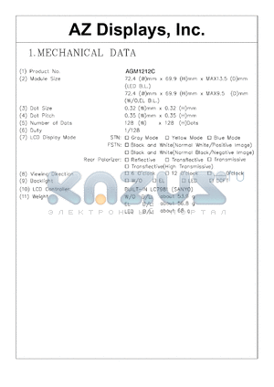 AGM1212C-REFBW-T datasheet - 0.3-7.0V; Dots: 128x128dots; dot size:0.32x0.32mm; dot pitch:0.35x0.35mm; AZ display