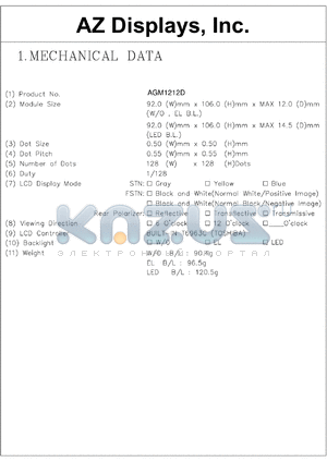 AGM1212D-REBTW-T datasheet - 0.0-7.0V; Dots: 128x128dots; dot size:0.50x0.50mm; dot pitch:0.55x0.55mm; AZ display