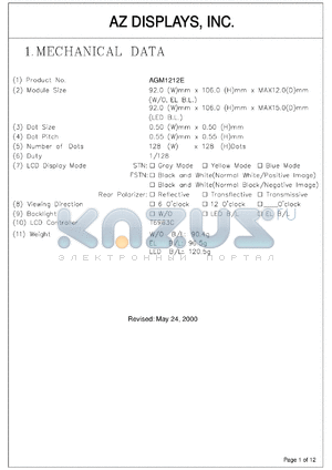 AGM1212E-REGBD-T datasheet - 0.3-5.5V; 22mA; 20characters; Dots: 128x128dots; dot size:0.50x0.50mm; dot pitch:0.55x0.55mm; AZ display