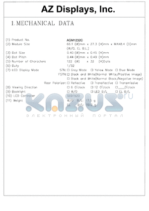 AGM1232C-REBBH-T datasheet - 0.3-6.5V; 2.8mA; 20characters; Dots: 122x32dots; dot size:0.40x0.45mm; dot pitch:0.44x0.49mm; AZ display