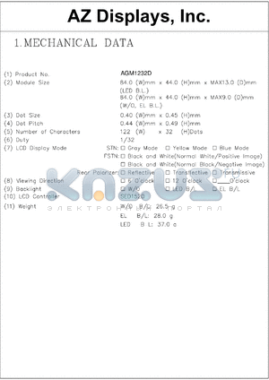 AGM1232D-REGBD-T datasheet - 0.3-6.5V; 2.8mA; 20characters; Dots: 122 x 32dots; dot size:0.40 x 0.45mm; dot pitch:0.44 x 0.49mm; AZ display