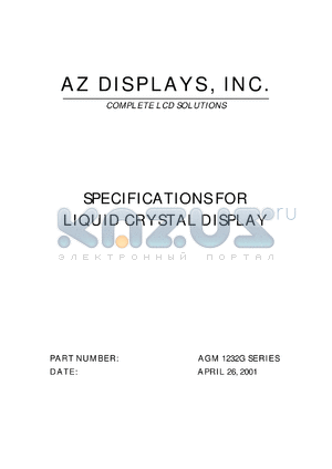 AGM1232G-RLBD-T datasheet - 0.3-7.0V; 13.0mA; dot size:0.40 x 0.45mm; dot pitch:0.44 x 0.49mm; liquid crystal display