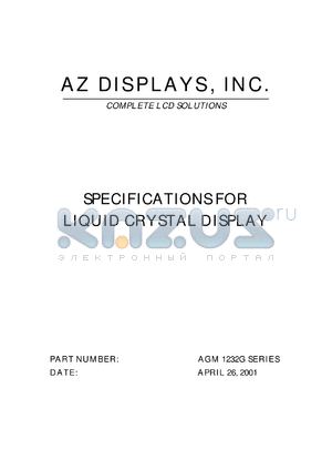 AGM1232G-RLFS-T datasheet - 0.3-7.0V; 13.0mA; dot size:0.40 x 0.45mm; dot pitch:0.44 x 0.49mm; liquid crystal display
