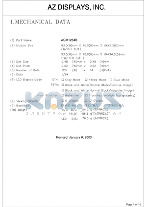 AGM1264B-RLGBH-T datasheet - 0.3-7.0V; 1.8mA; number of dots: 128 x 64dots; dot size:0.48 x 0.48mm; dot pitch:0.52 x 0.52mm; AZ display