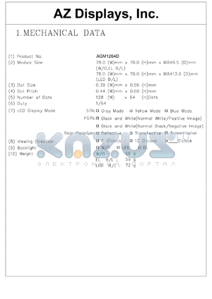 AGM1264D-RLYBW-T datasheet - 0.3-7.0V; 1.0mA; number of dots: 128 x 64dots; dot size:0.39 x 0.55mm; dot pitch:0.44 x 0.60mm; AZ display