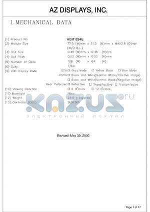 AGM1264E-RNGTH-T datasheet - 0.0-5.5V; 0.7mA; number of dots: 128 x 64dots; dot size:0.48 x 0.48mm; dot pitch:0.52 x 0.52mm; AZ display