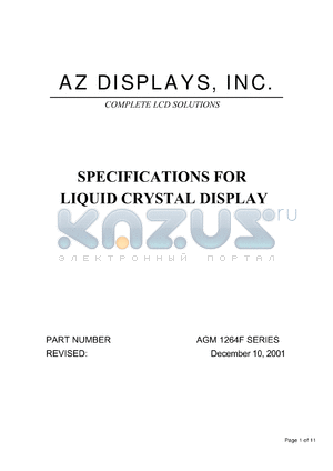 AGM1264F-RLFS-T datasheet - 0.3-7.0V; 15.0mA; number of dots: 128 x 64dots; 15.0mA; dot size:0.48 x 0.48mm; dot pitch:0.52 x 0.52mm; liquid crystal display