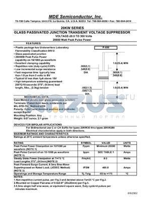20KW44 datasheet - 44.00V; 5mA ;15000W peak pulse power; glass passivated junction transient voltage suppressor