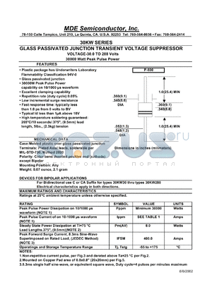 30KW66 datasheet - 66.00V; 5mA ;15000W peak pulse power; glass passivated junction transient voltage suppressor. For bipolar applications