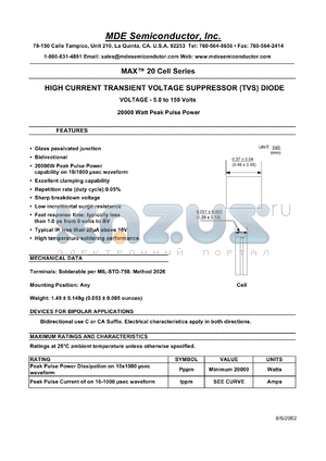 MAX20-36.0CA datasheet - 36.00V; 5.0A ;20000W peak pulse power; high current transient voltage suppressor (TVS) diode. For bipolar applications